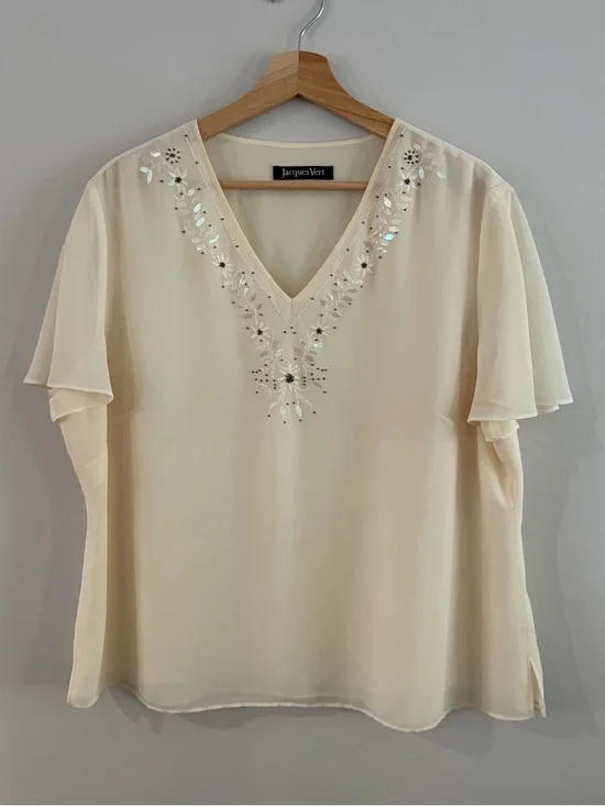Jacques Vert Cream V-Neck Embellished Flutter Sleeve Blouse - Picture 1 of 3